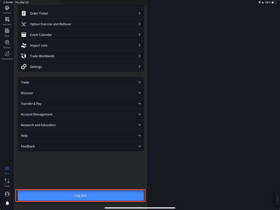 The log out button on the iPad